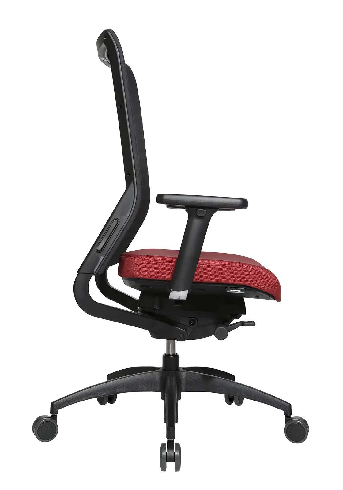 Wagner ErgoMedic 100-3 Bürostuhl mit schwarzer Netzrückenlehne, rotem Sitzpolster und ergonomischer Mechanik in der Seitenansicht.