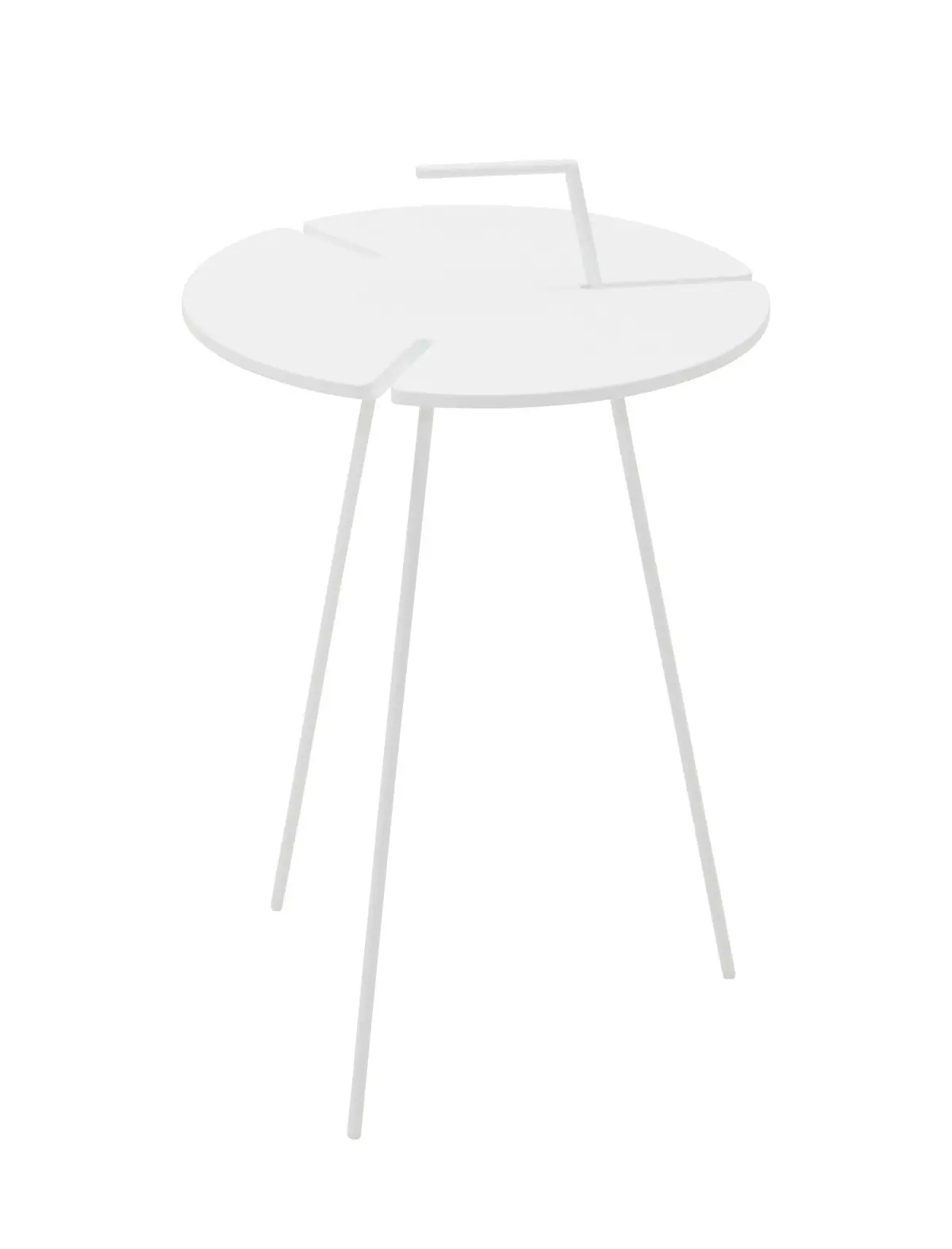 Softline Stok Beistelltisch in Weiß aus vorderer Perspektive mit runder, geschlitzter Tischplatte, integriertem Griff und drei filigranen Beinen.