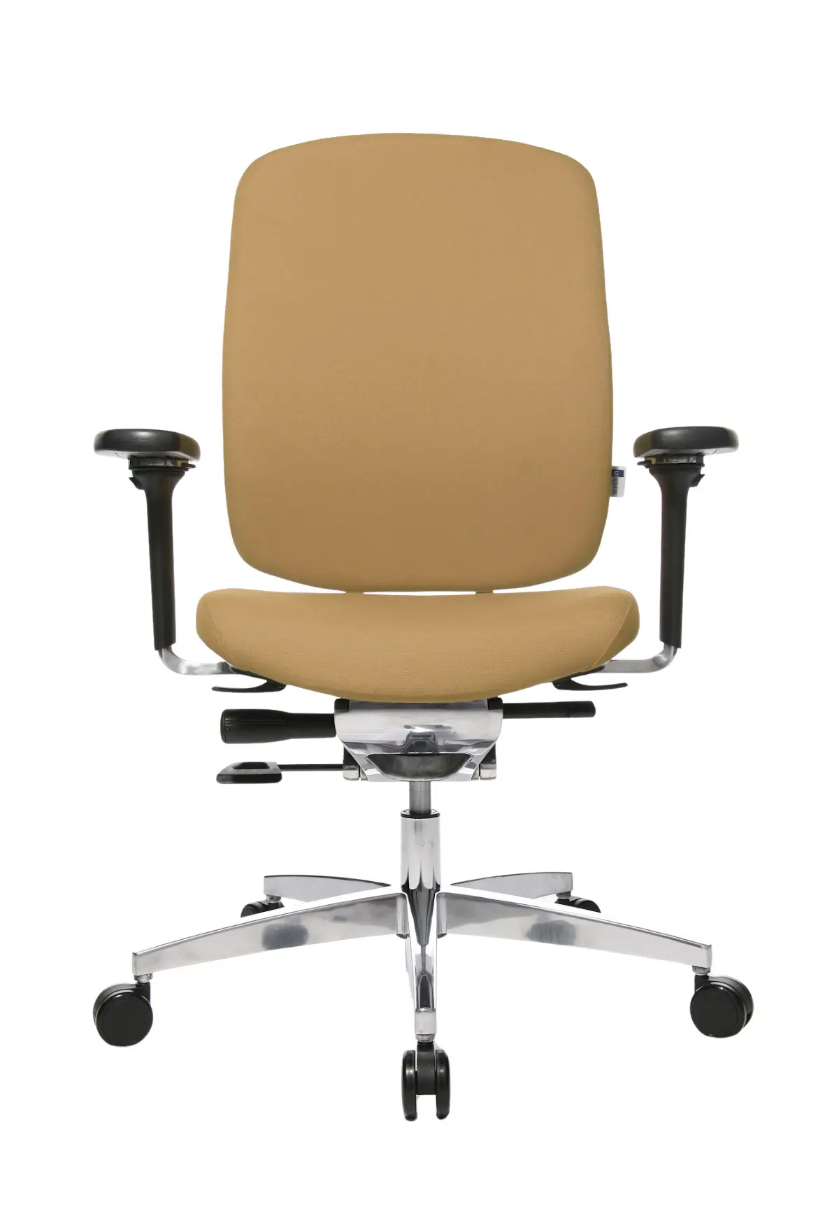 Frontansicht des Wagner AluMedic 20 Bürostuhls mit beigem Stoffbezug, ergonomischer Rückenlehne und höhenverstellbaren Armlehnen.