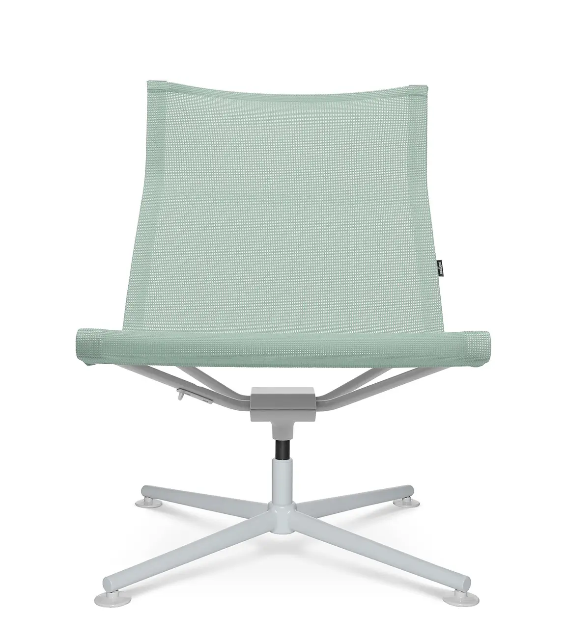 Frontansicht des Wagner d1 Low Lounge Loungesessels mit mintgrüner Netzbespannung und weißem Gestell.