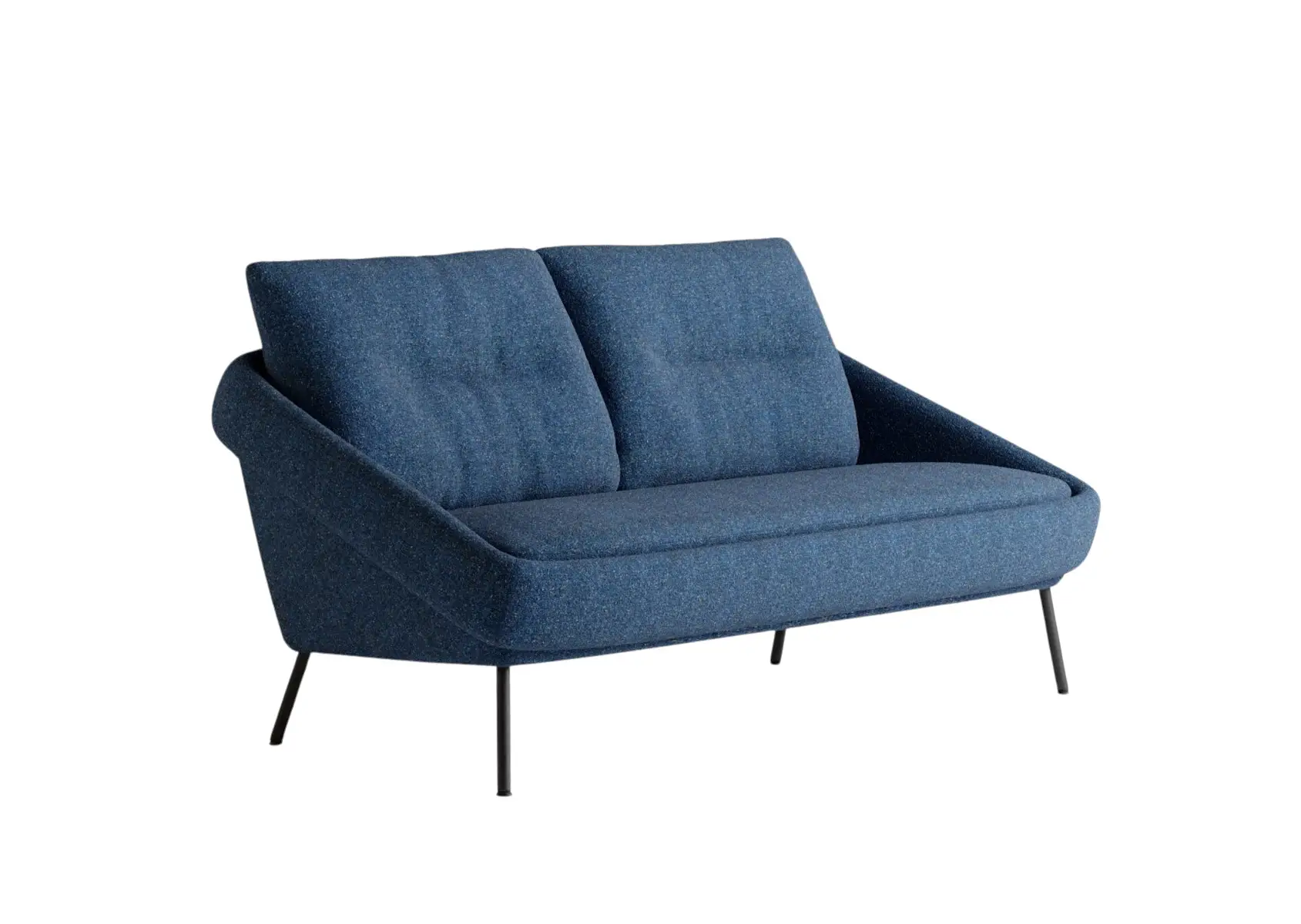 Noti Nome Sofa 2-Sitzer in Blau mit schwarzen Metallbeinen und zwei gepolsterten Rückenkissen