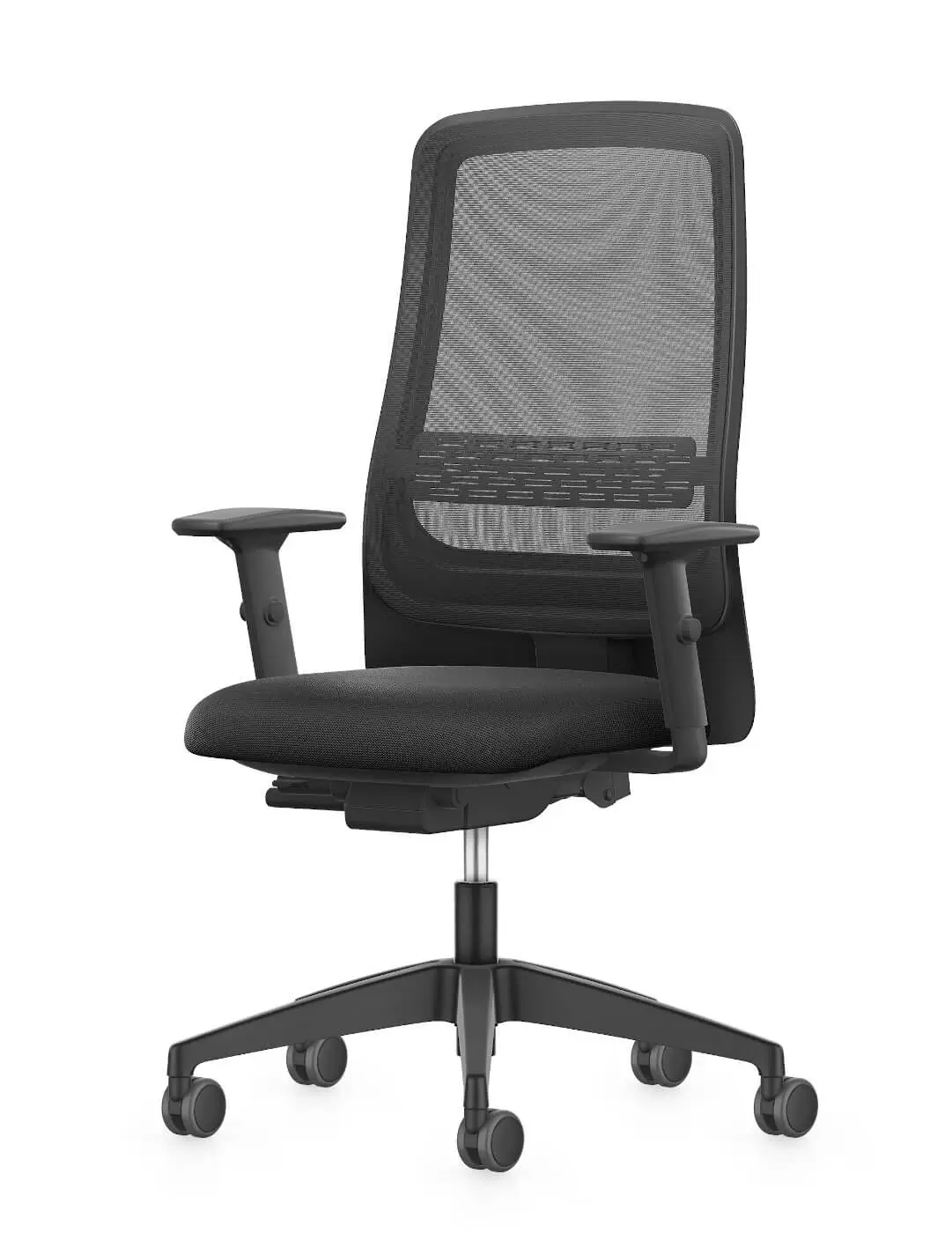 Interstuhl 172II Bürostuhl in Schwarz mit Netzrücken und Armlehnen aus seitlicher Perspektive