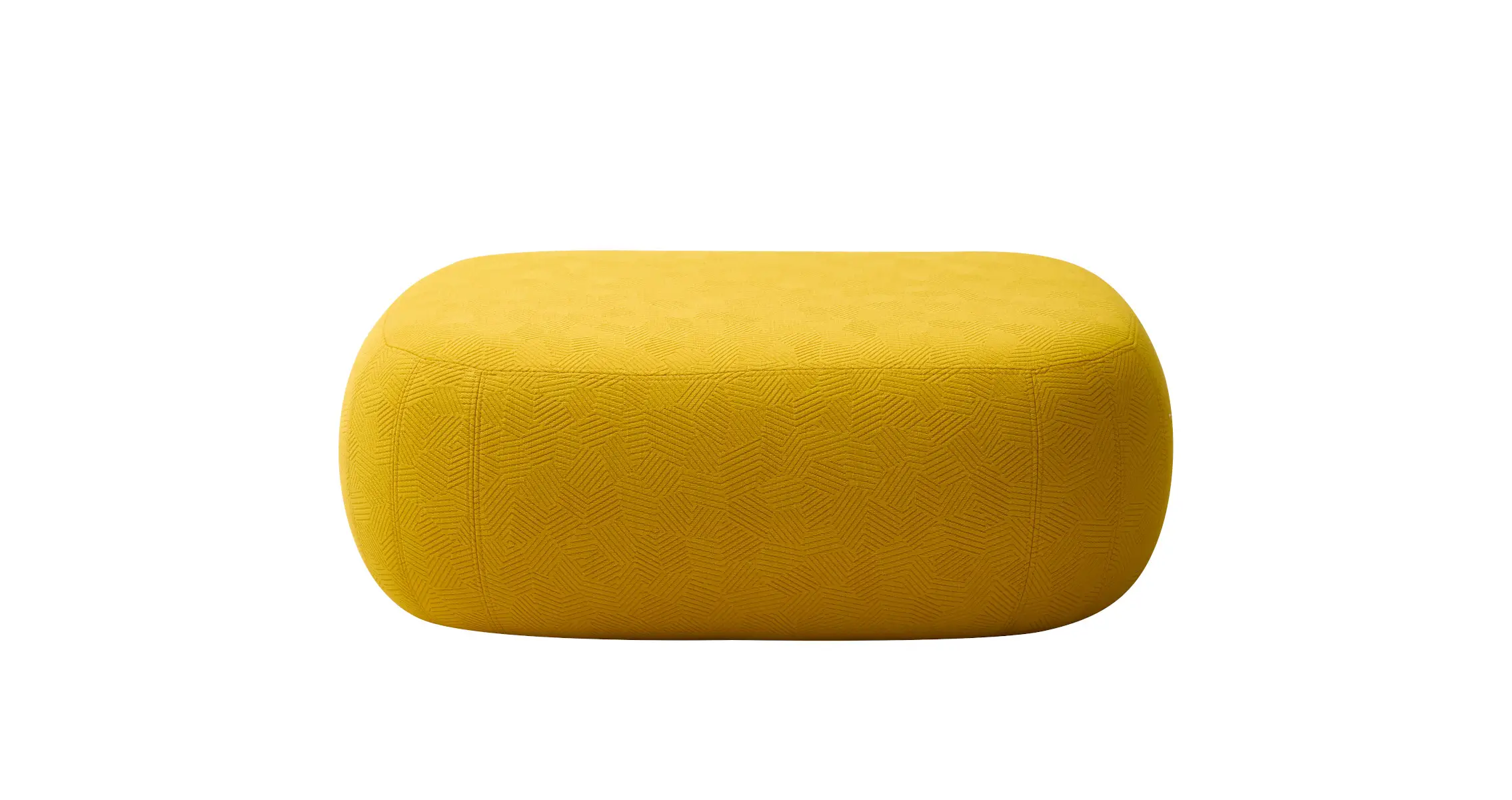 Softline Sand Hocker in Gelb aus vorderer Perspektive mit weich gerundeter rechteckiger Form und sichtbar gemustertem Stoffbezug.