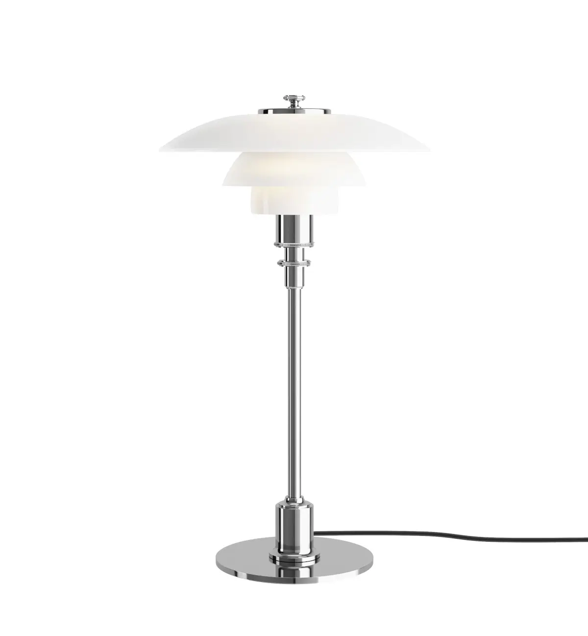 Louis Poulsen PH 2/1 Tischleuchte in High Lustre Chrome Plated mit opalen Schirmen vor weißem Hintergrund