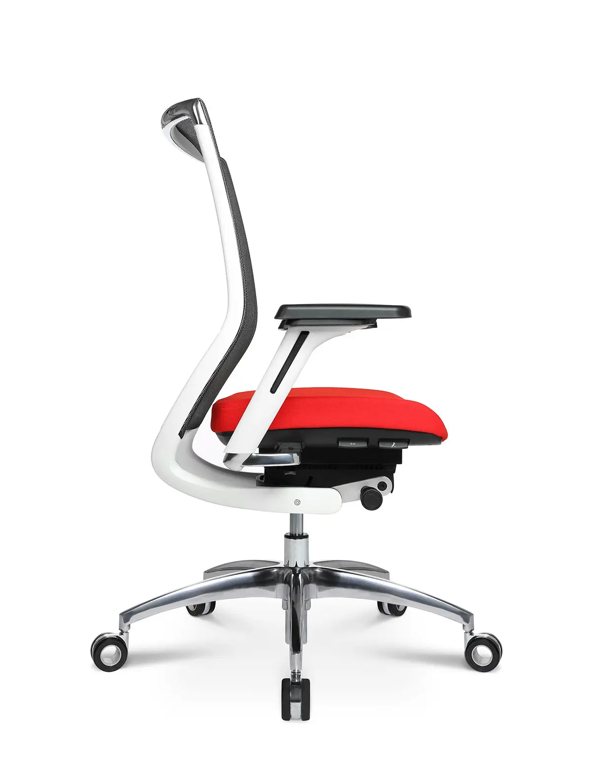 Seitenansicht des Wagner Titan 10 Bürostuhls mit ergonomischer Netzlehne und rotem Sitzpolster