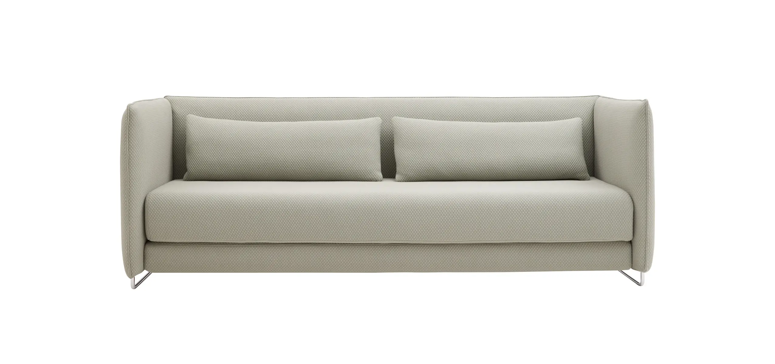Softline Metro Sofa in Hellgrau in gerader Vorderansicht mit breiter Sitzfläche, zwei Rückenkissen, hohen Armlehnen und filigranen Metallfüßen.