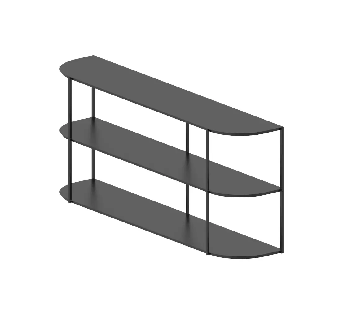 Modernes Zeus Eveline Sideboard in Kupferschwarz mit zwei abgerundeten Ecken und drei offenen Ebenen für stilvolle Aufbewahrung.
