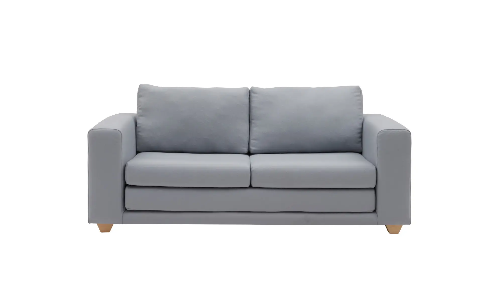 Softline Victor Sofa 2,5-Sitzer in Grau aus vorderer Perspektive mit zwei Sitz- und Rückenkissen, breiten Armlehnen und sichtbaren Holzfüßen.