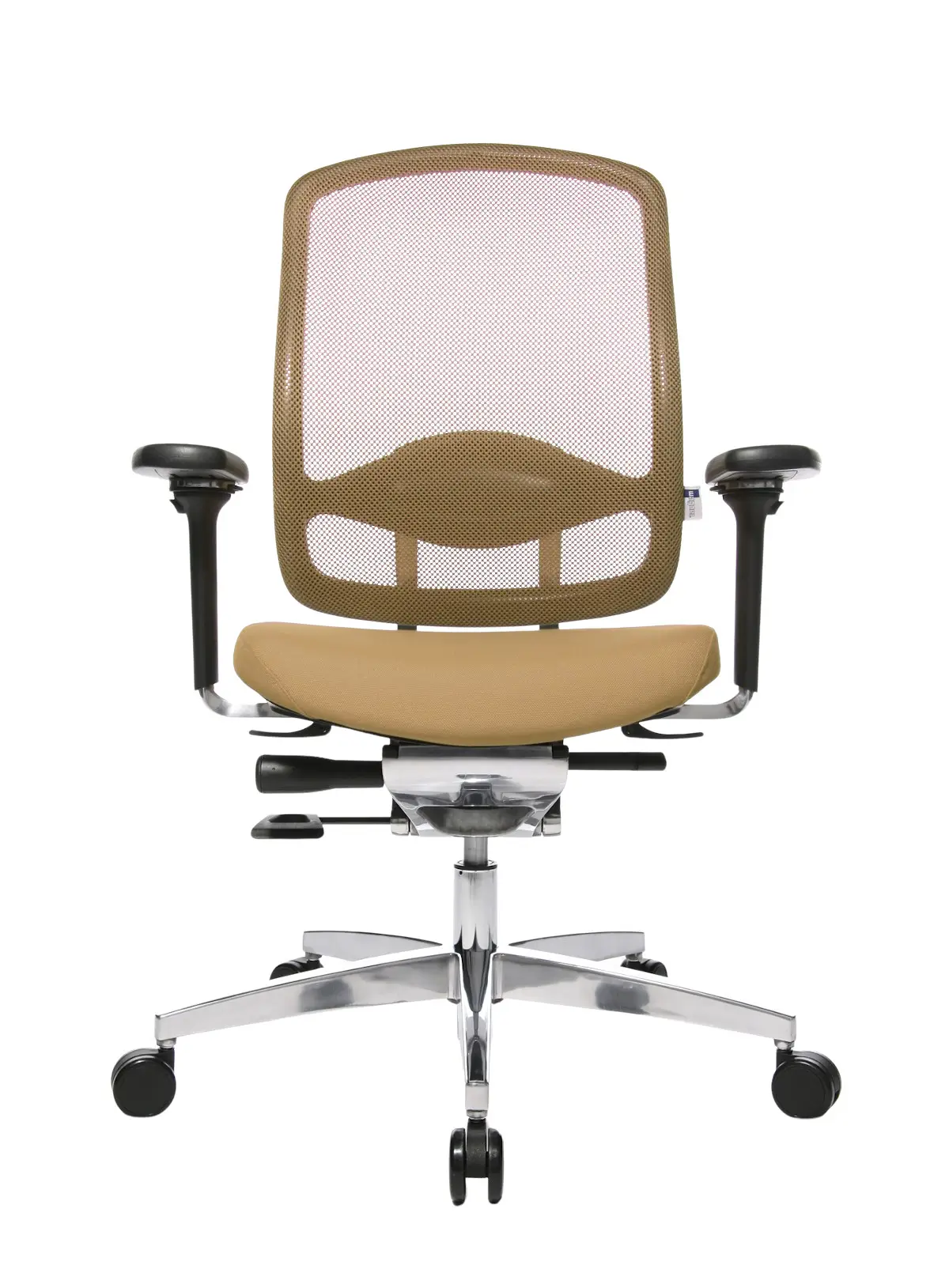 Wagner AluMedic 10 Bürostuhl in Frontansicht mit ergonomischem Netzrücken, Armlehnen und beigem Sitzpolster