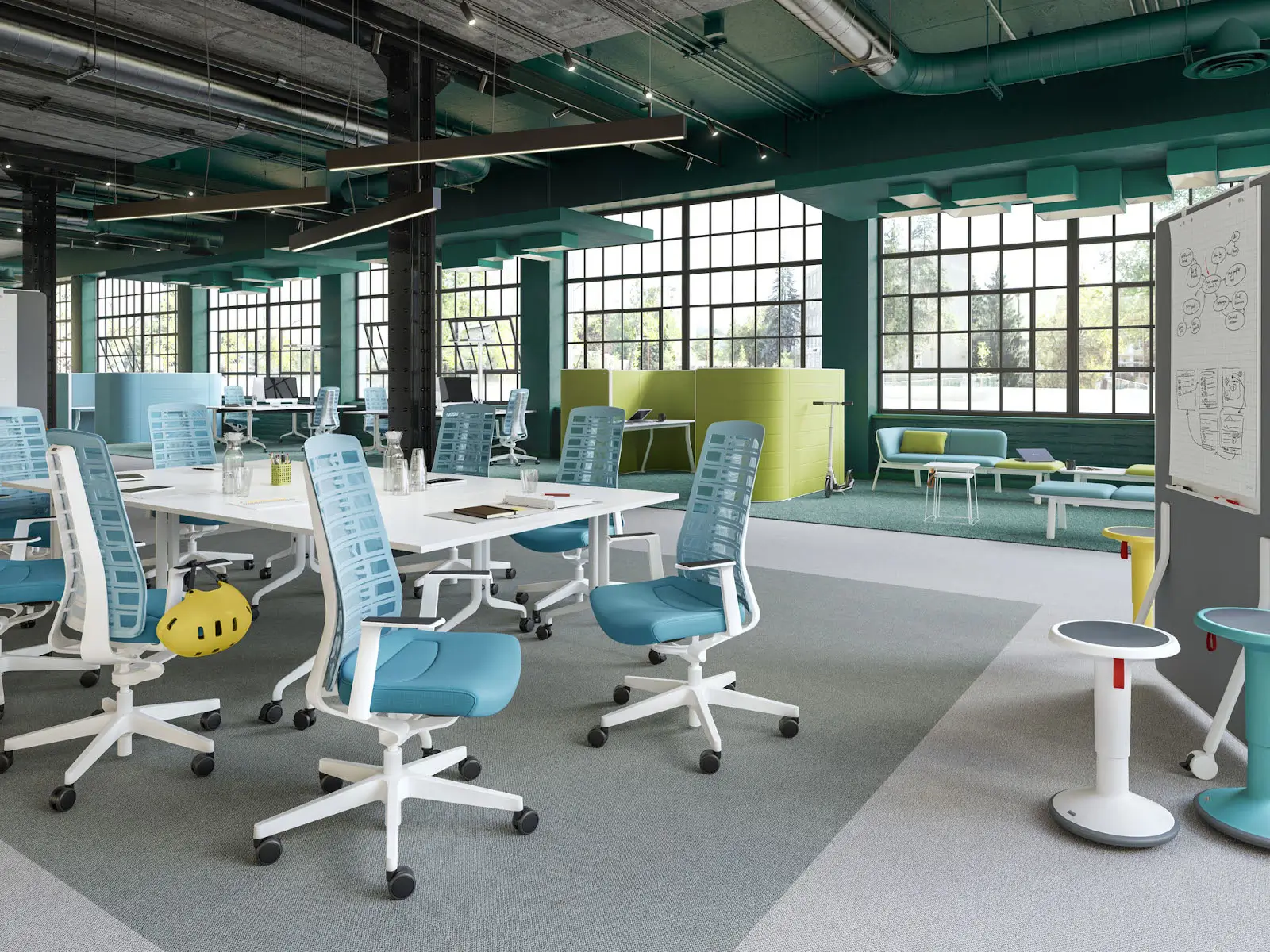 Interstuhl HUB HU275 als abgeschirmter Besprechungsbereich in einer modernen Open-Space-Bürolandschaft mit Arbeitsplätzen und Kommunikationszonen