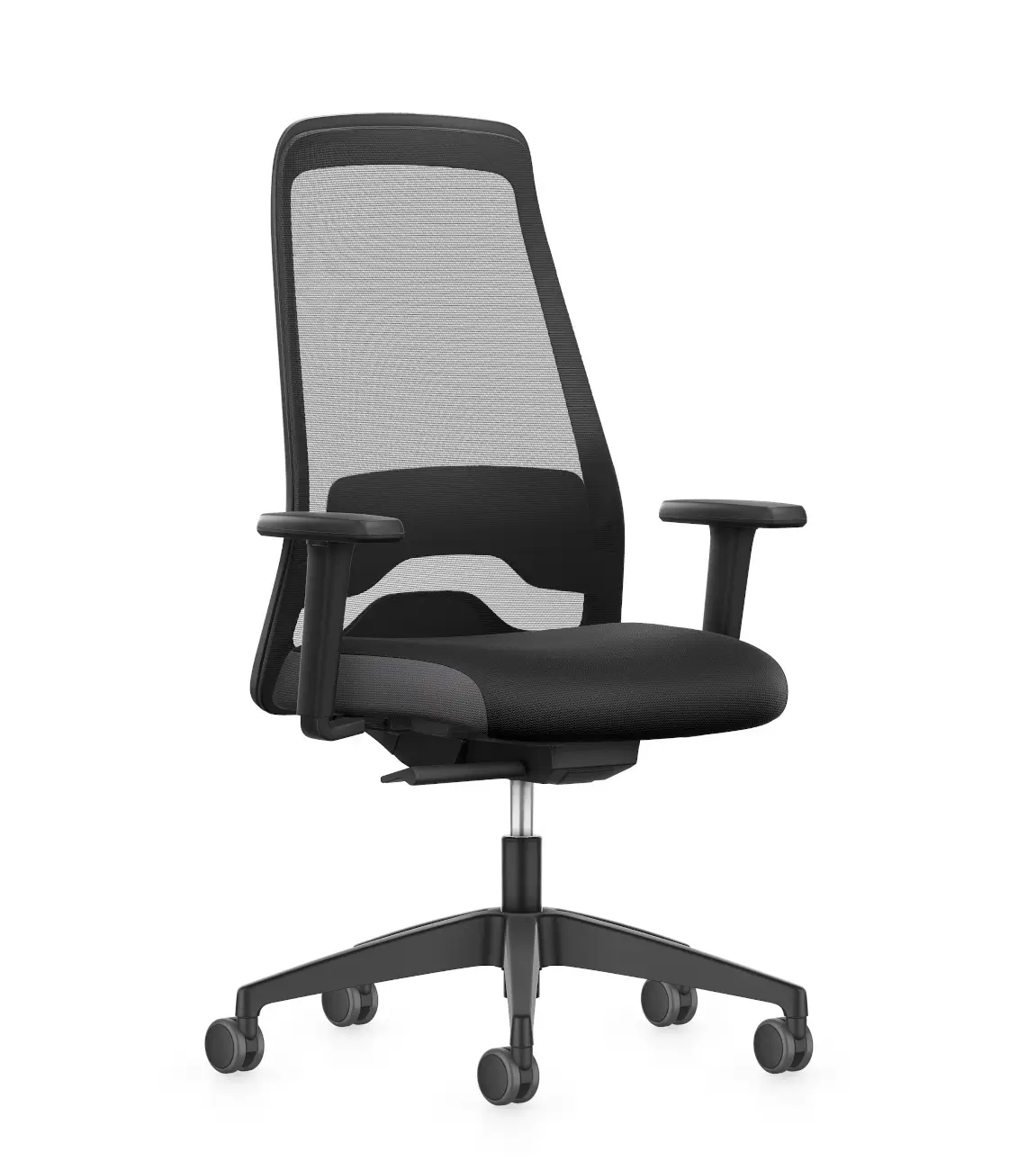 Interstuhl EVERY EV257 Bürostuhl in Schwarz mit Netzrücken und Armlehnen aus vorderer Perspektive