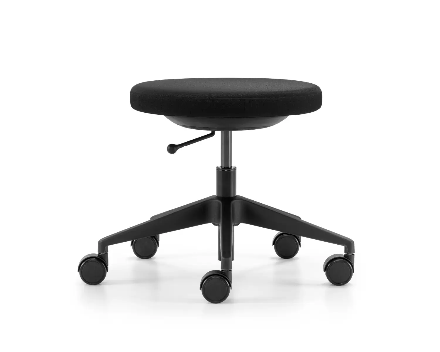 Girsberger Simplex 3D Hocker mit gepolsterter Sitzfläche, Höhenverstellung und 5-Sternfuß mit Rollen für flexible Arbeitsbereiche.