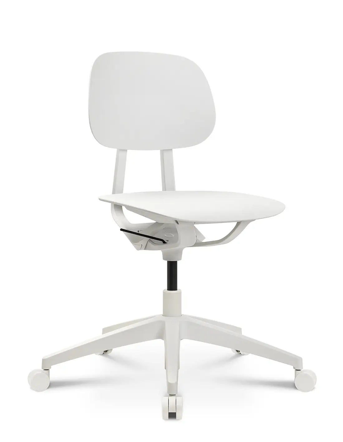 Weißer Wagner S2 Bürostuhl mit Rollen und ergonomischer Rückenlehne in Perspektivansicht.