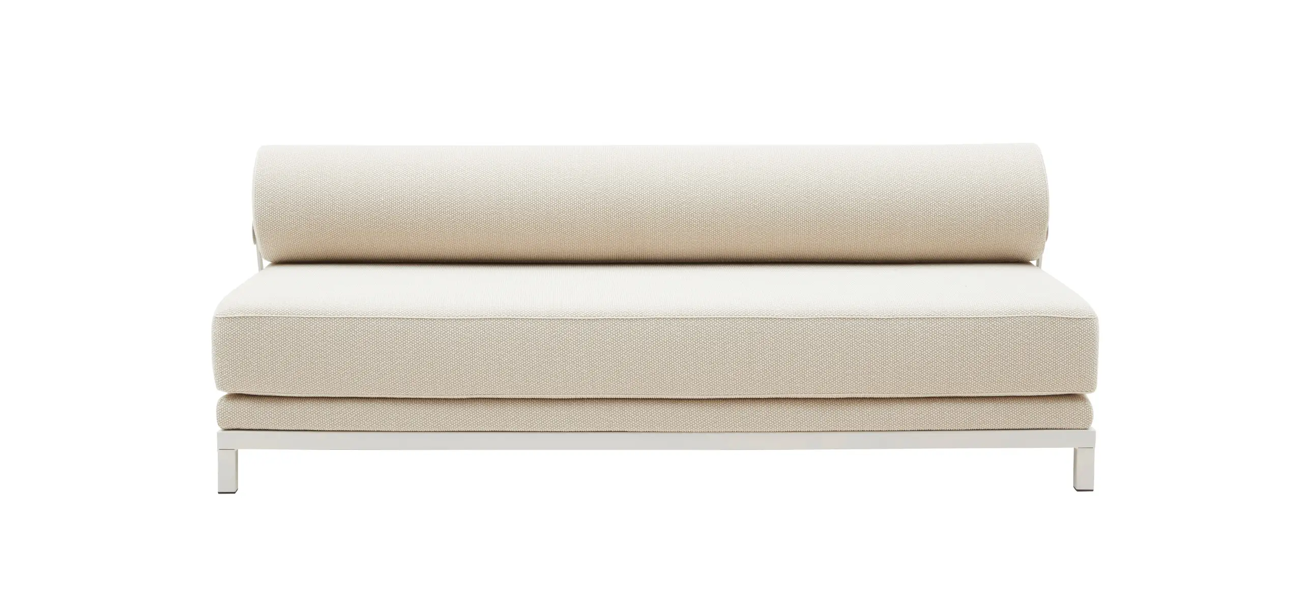 Softline Sleep Sofa in Beige aus vorderer Perspektive mit gepolsterter Sitzfläche, zylindrischer Rückenlehne und hellem Metallgestell.