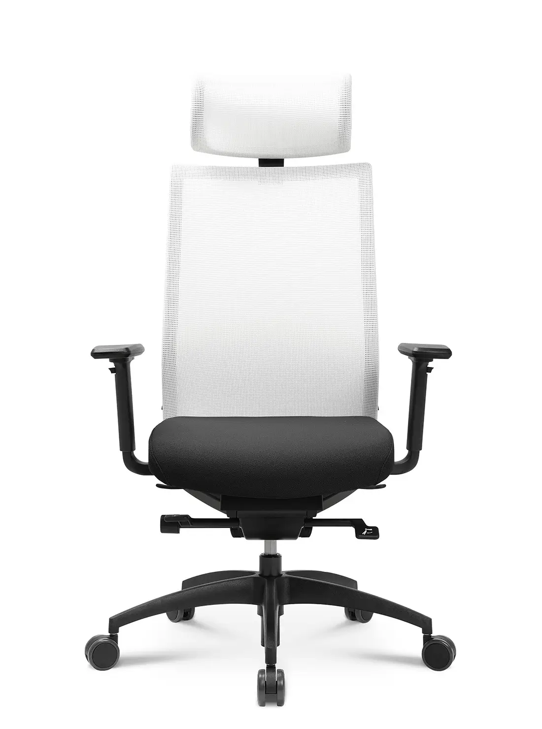 Wagner ErgoMedic 100-2 Bürostuhl mit weißer Netzrückenlehne, weißer Kopfstütze, schwarzem Sitzpolster und ergonomischer Ausstattung in der Frontansicht.