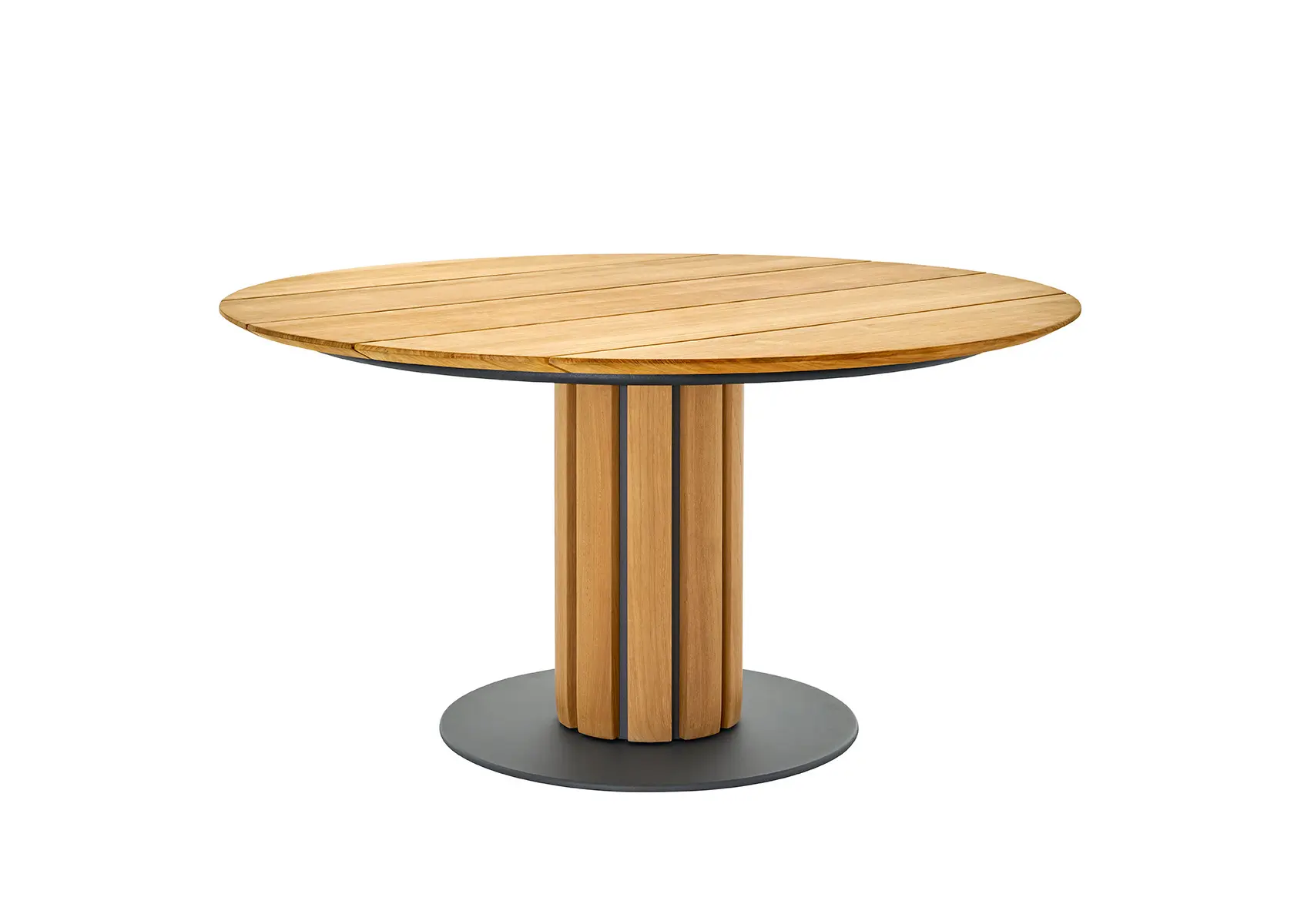 Weishäupl Teva Tisch Ø 140 cm mit massiver Teakholzplatte und Mittelsäulengestell. Eleganter Design-Esstisch für Garten, Terrasse und Wohnbereich.