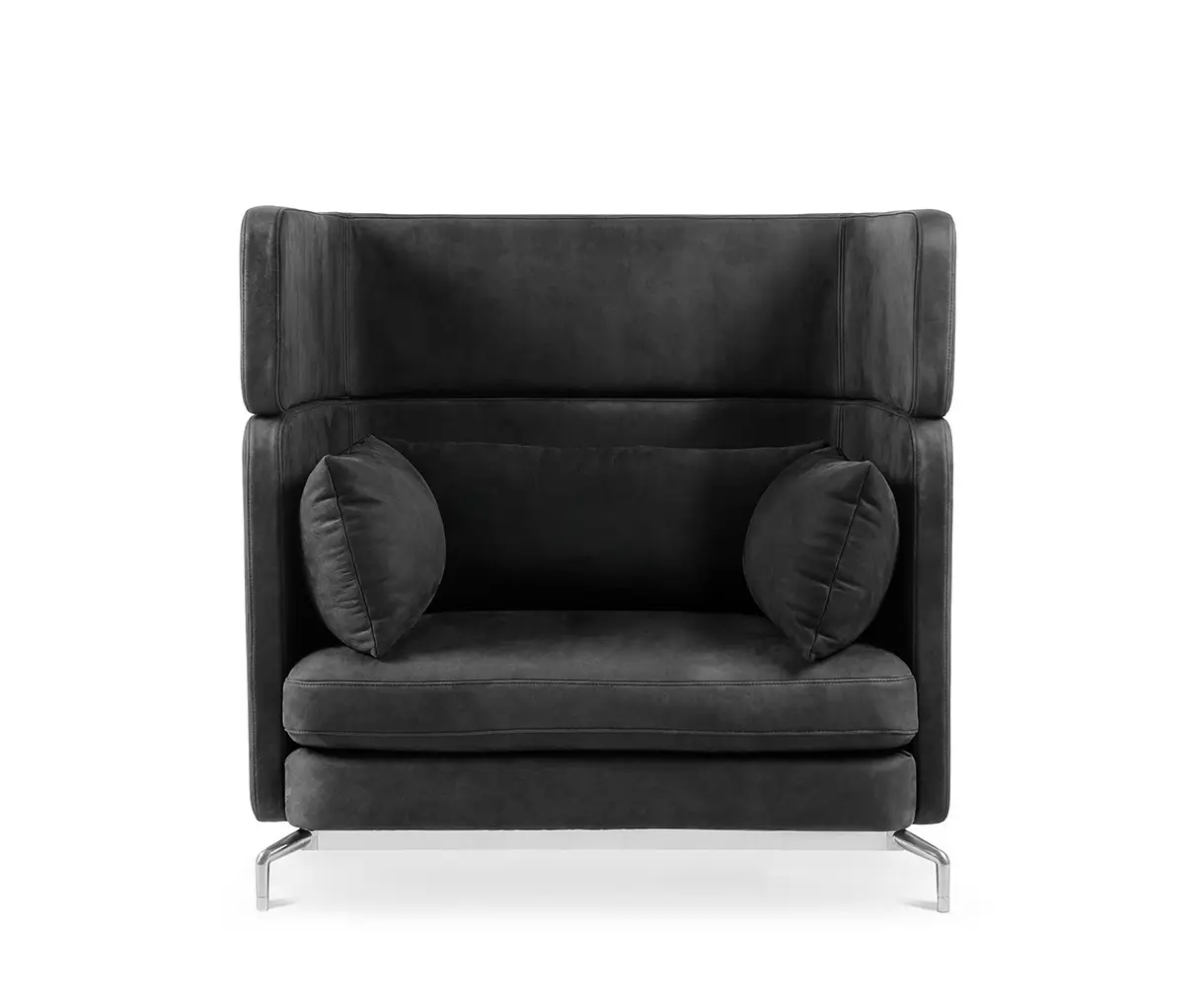 Wagner W-Lounge Highback Sessel in Schwarz mit hoher Rückenlehne und seitlichen Polstern, Frontansicht für moderne Büro-, Empfangs- und Loungebereiche.