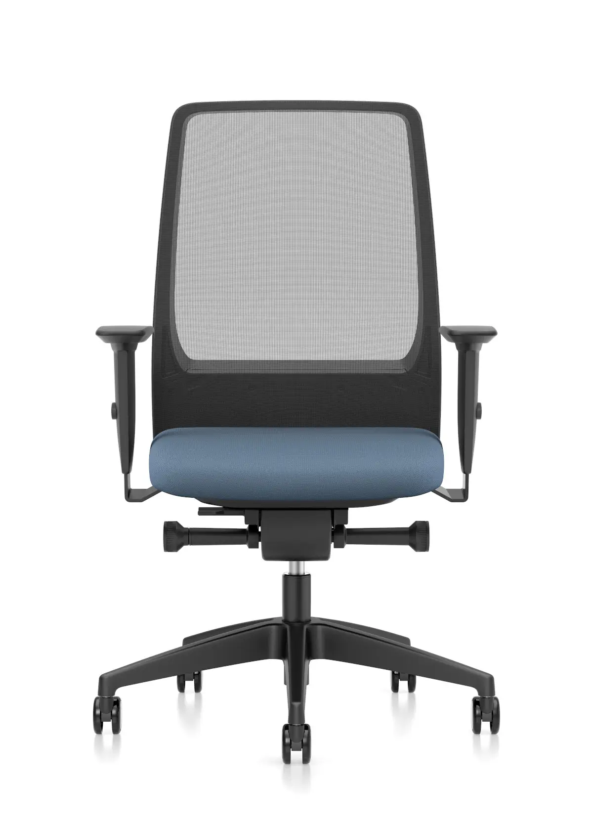 Interstuhl AIMis1 1S04 Bürodrehstuhl mit blauer Sitzfläche, schwarzem Netzrücken und Armlehnen