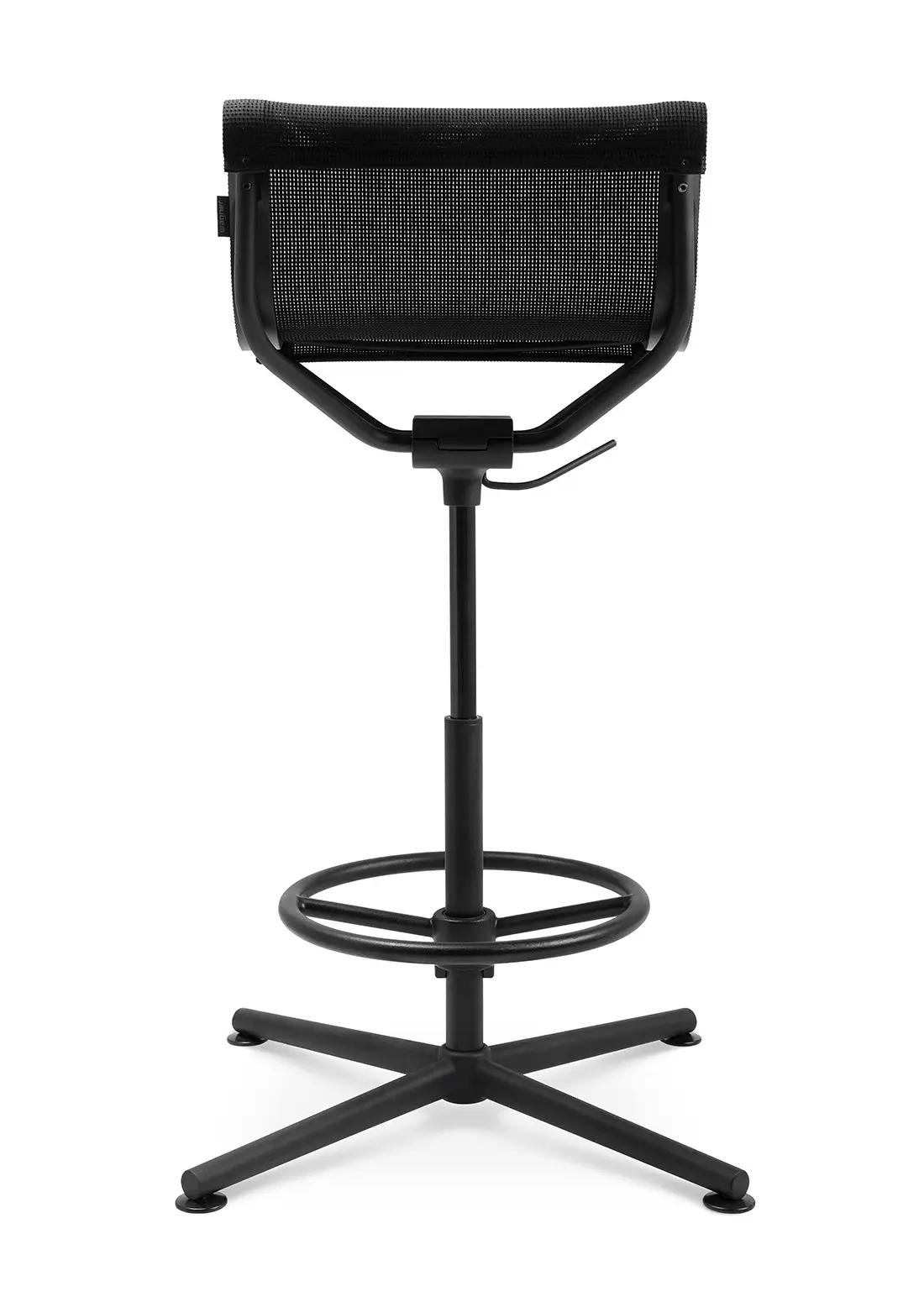 Rückansicht des Wagner d1 Highstools in hoher Ausführung mit Netzrücken, Fußring und höhenverstellbarem 4-Stern-Gestell.