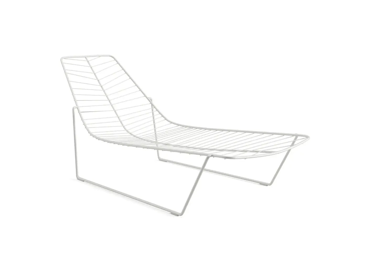 Arper Leaf Gartenliege #1824 in Weiß mit ergonomisch geschwungener Liegefläche aus Metallstäben und filigranem Kufengestell für moderne Terrassen.