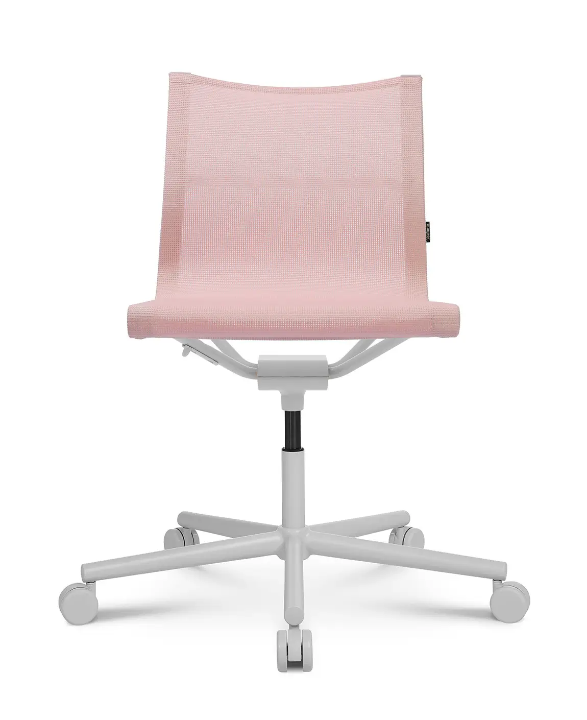 Vorderansicht des Wagner d1 Office Arbeitsstuhls ohne Armlehnen mit rosafarbener Netzbespannung, weißem Gestell und Rollen.