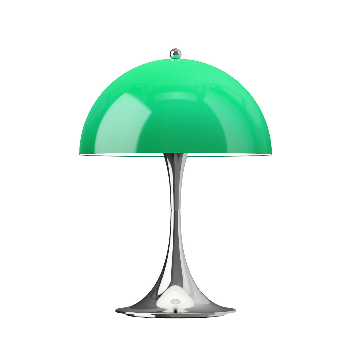 Louis Poulsen Panthella 250 Portable Tischleuchte opal green, ikonisches Design, mobiler Lampenschirm, Chromfuß