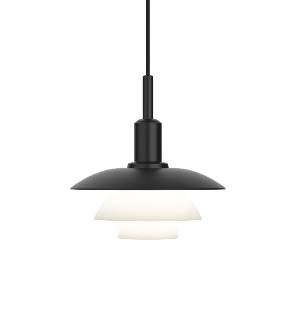Louis Poulsen PH 3/3 Pendelleuchte in Schwarz mit Opalglas, elegantes Design, blendfreies Licht für Wohn- und Essbereich