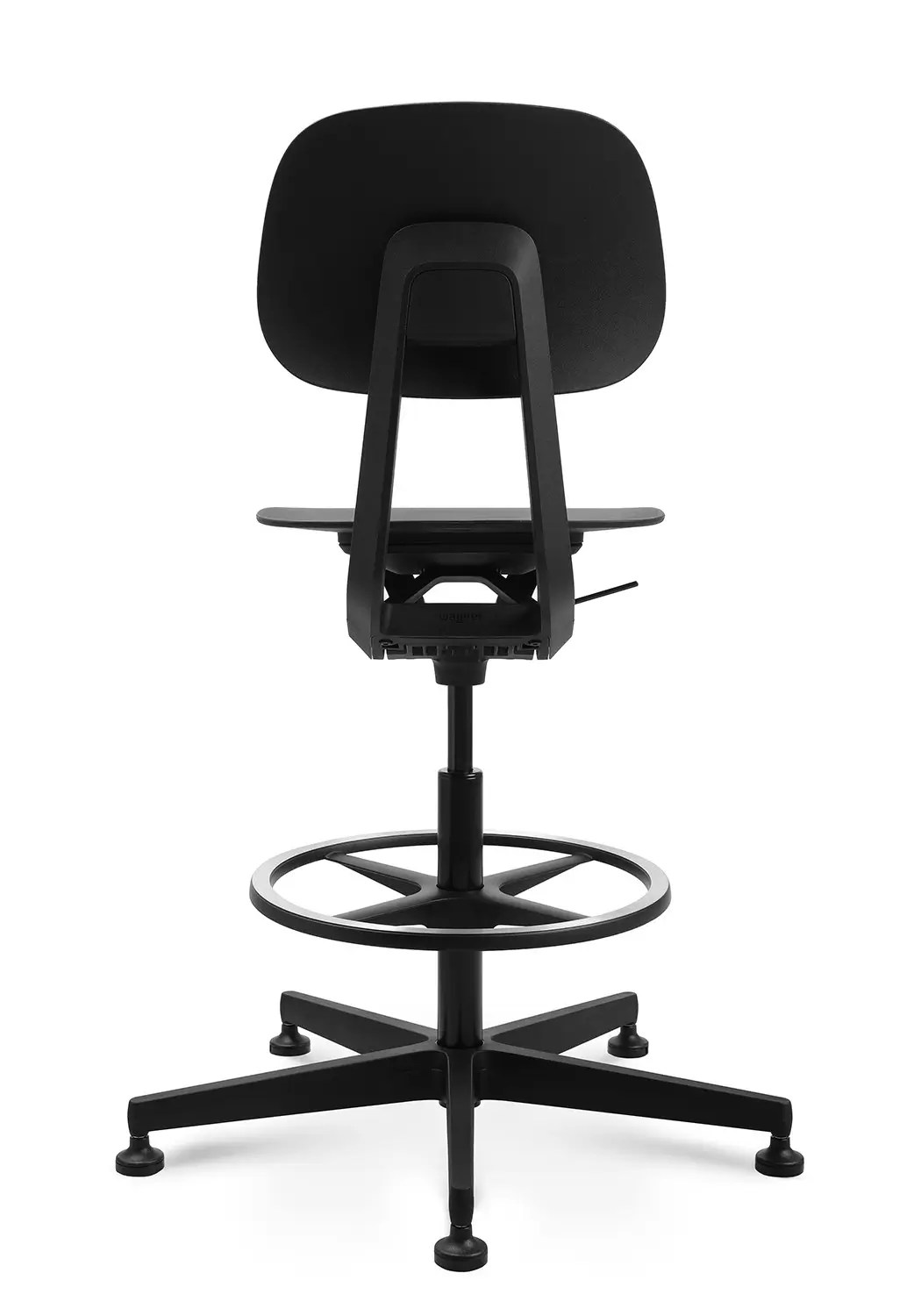 Wagner S2 Work Arbeitsstuhl in Schwarz mit ergonomischer Rückenlehne und höhenverstellbarem Gestell in Rückansicht.