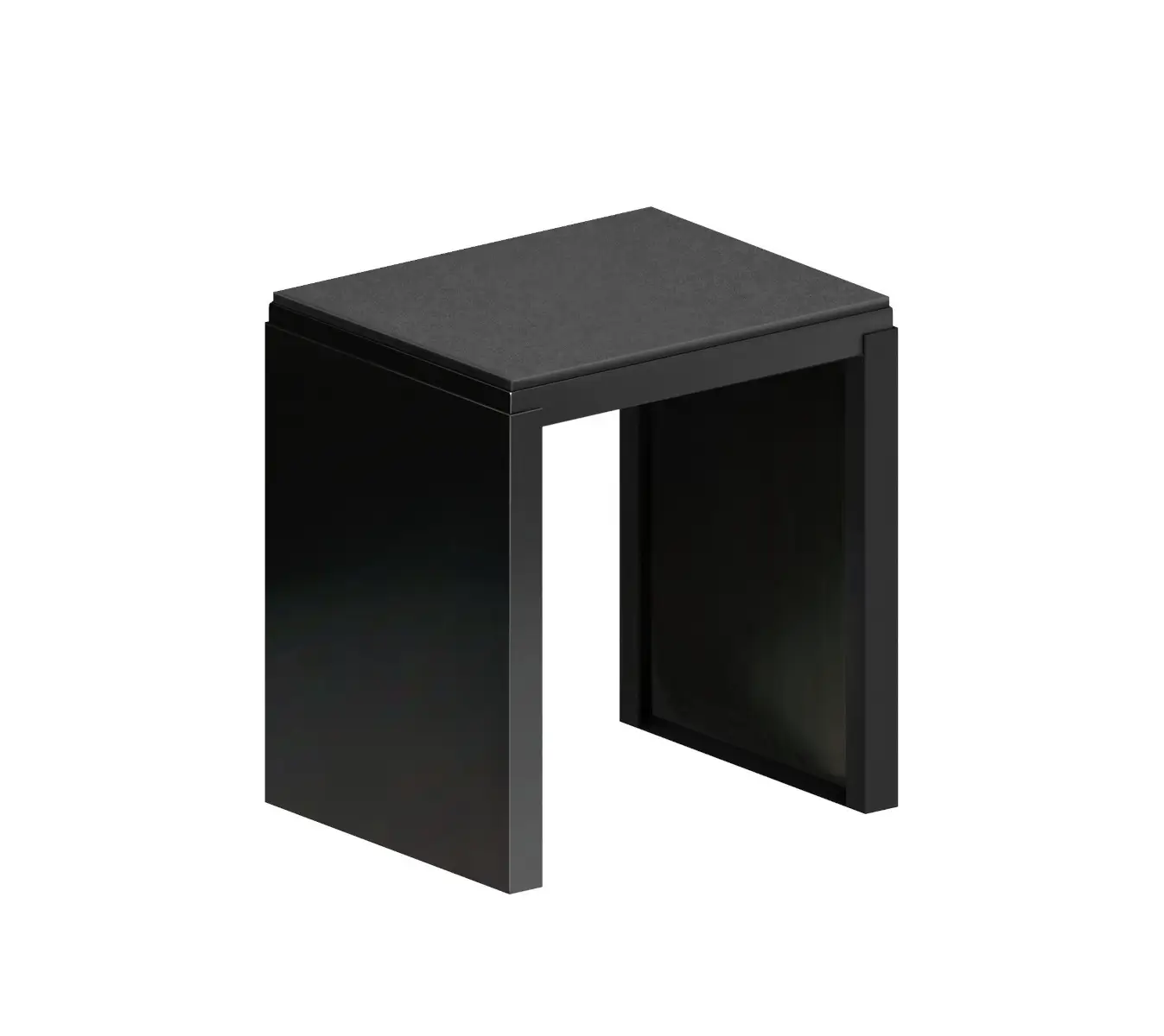 Zeus Big Irony Hocker aus Stahl in Schwarz mit grauem Filzkissen.