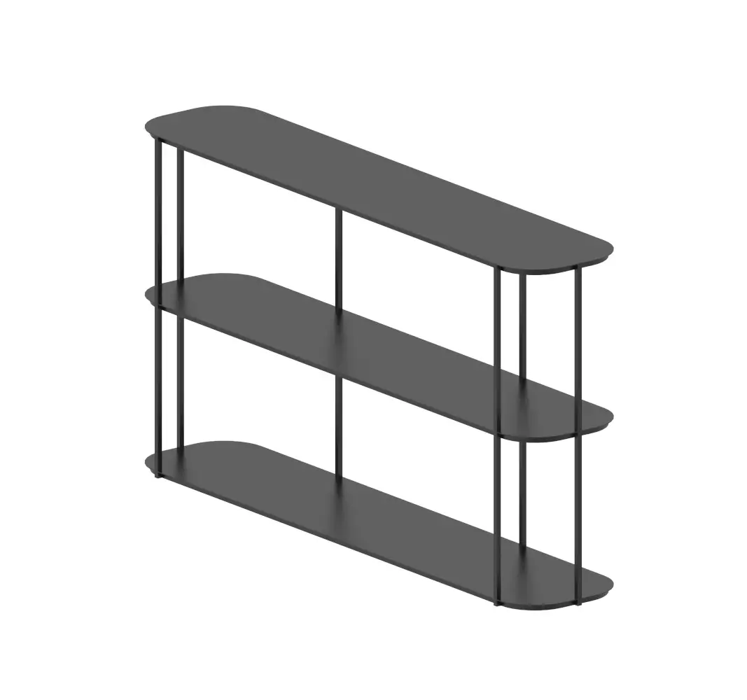 Modernes Zeus Eveline Sideboard in Kupferschwarz mit vier abgerundeten Ecken und offenen Ablageflächen für Bücher und Dekoration.