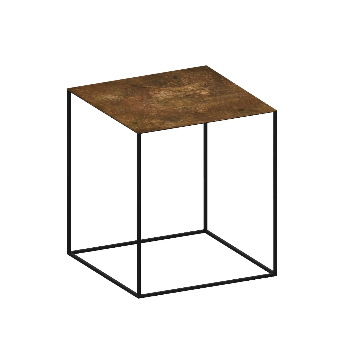 Quadratischer Zeus Slim Irony Art Beistelltisch 41 × 46 cm mit markanter Kunstglasplatte in Rostoptik.