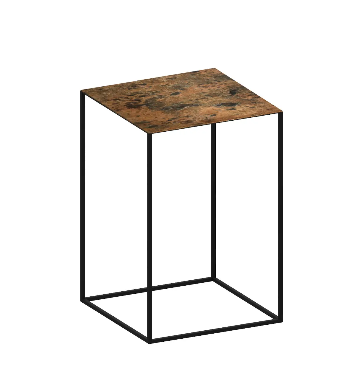 Zeus Slim Irony Art Beistelltisch 31 × 46 cm mit rostfarbener Kunstglasplatte und filigranem Stahlgestell in Kupferschwarz.