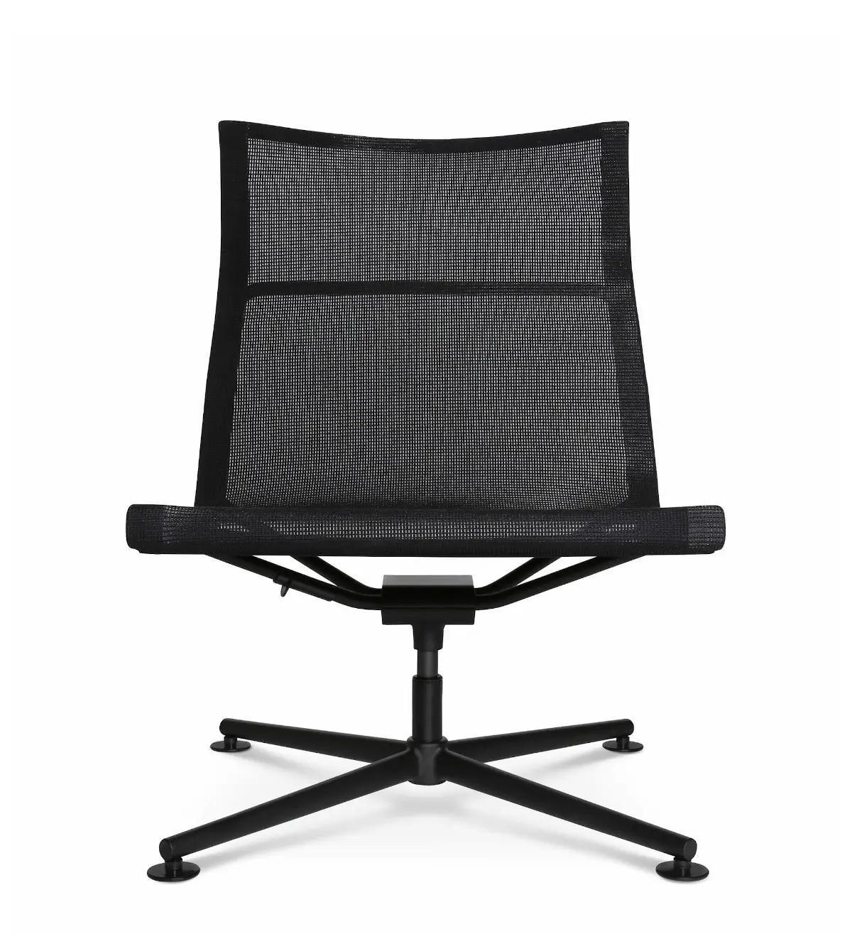 Frontansicht des Wagner d1 Low Lounge Loungesessels in Schwarz mit atmungsaktiver Netzbespannung und Viersternfuß.
