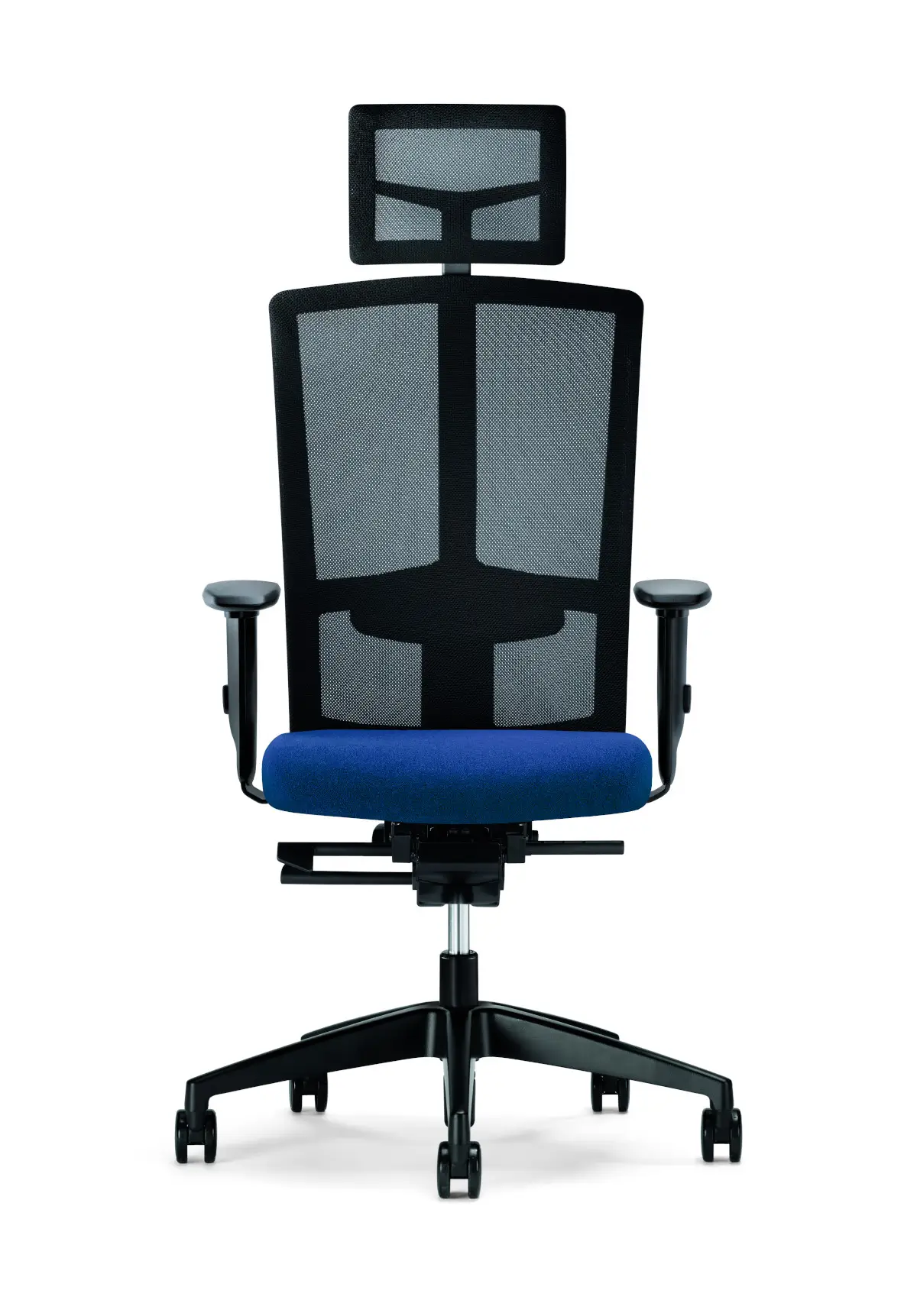 Interstuhl Goal-Air 175G Bürodrehstuhl mit blauem Sitz, Netzrücken, Kopfstütze und Armlehnen