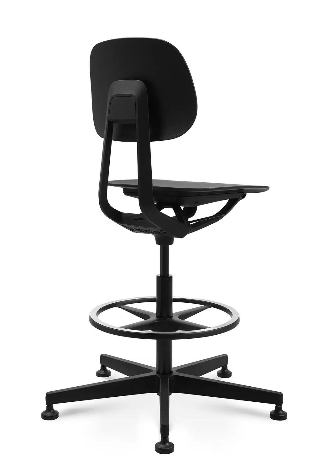 Wagner S2 Work Arbeitsstuhl in Schwarz mit Gleitergestell und Fußring in linker Seitenansicht.