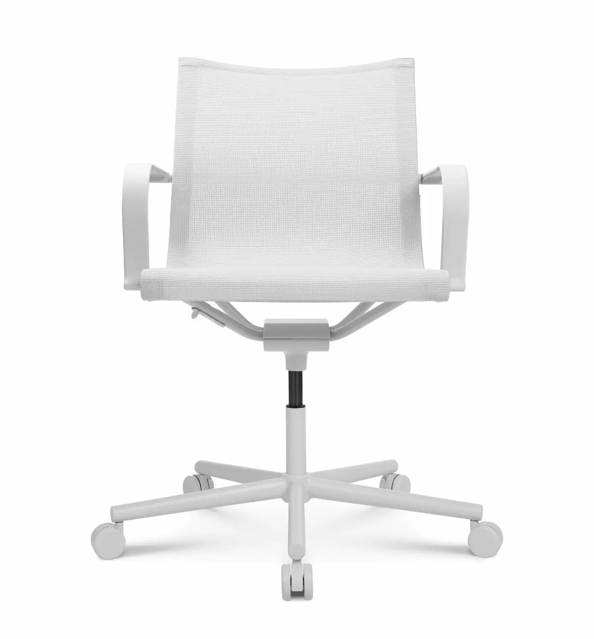 Vorderansicht des Wagner d1 Office Arbeitsstuhls mit Armlehnen in Weiß mit Netzbespannung und weißem Rollengestell.