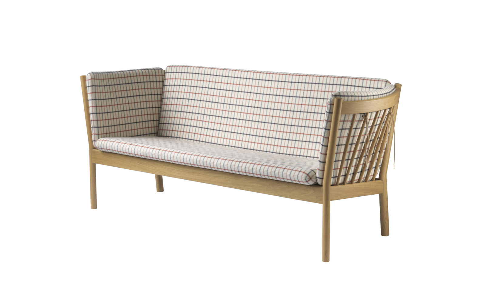 FDB Møbler J149 Sofa 3-Sitzer, ergonomisch, Eiche natur, rotkarierte Decke, nachhaltig, funktional