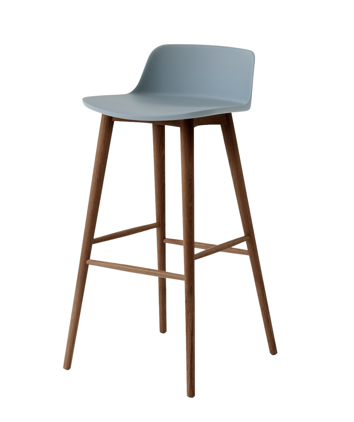 &Tradition Rely HW118 Barhocker in Walnuss mit light blue Sitz, eleganter Designer Barhocker aus Holz