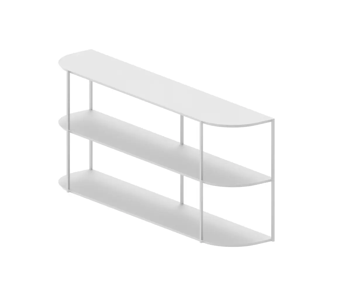 Zeus Eveline Sideboard in Weiß mit zwei abgerundeten Ecken und offenem Design zur dekorativen Präsentation von Wohnaccessoires.