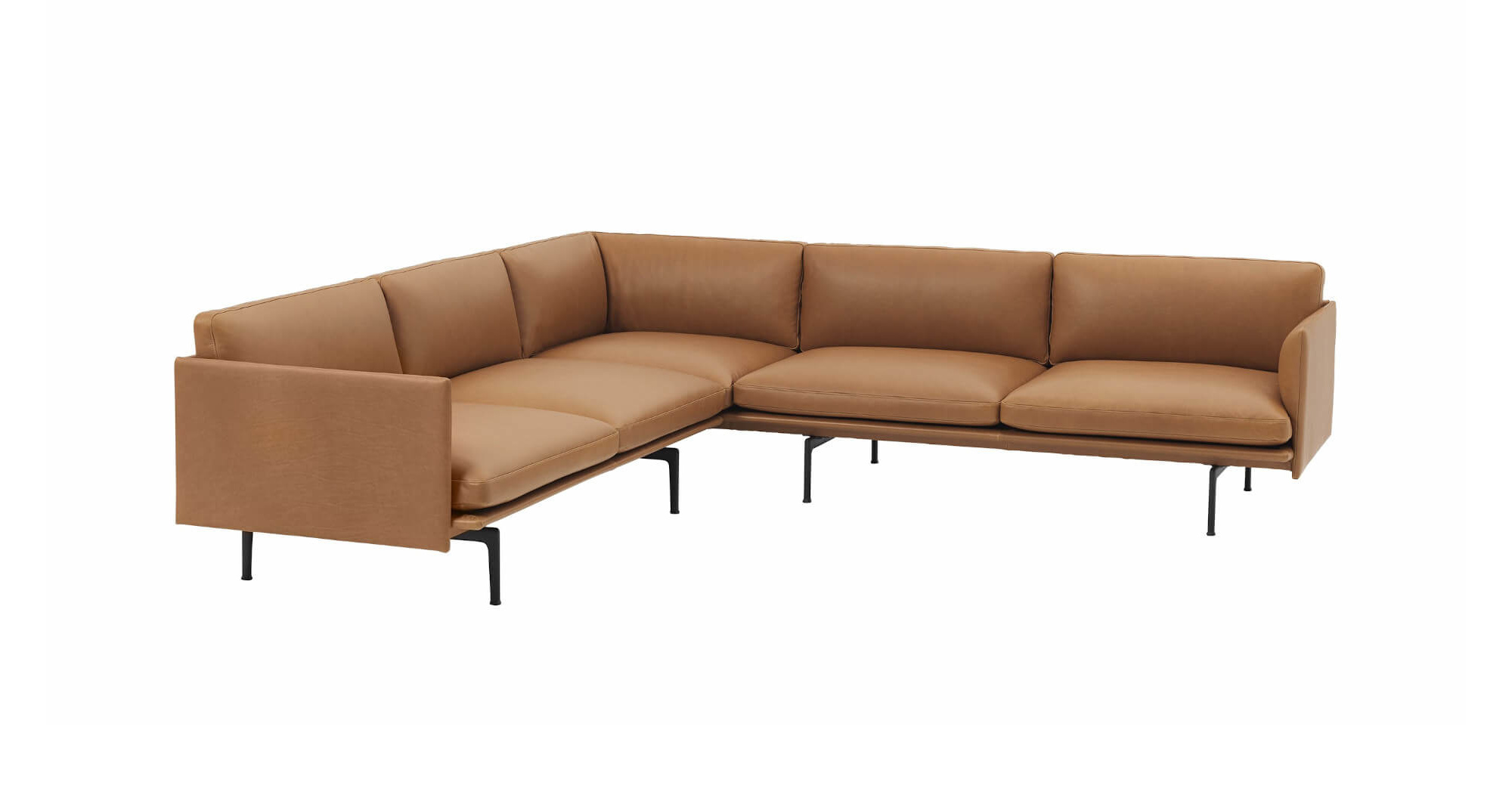 Muuto Outline Ecksofa aus cognacfarbenem Refine Leder mit schwarzem Metallgestell, modern, komfortabel, skandinavisches Design