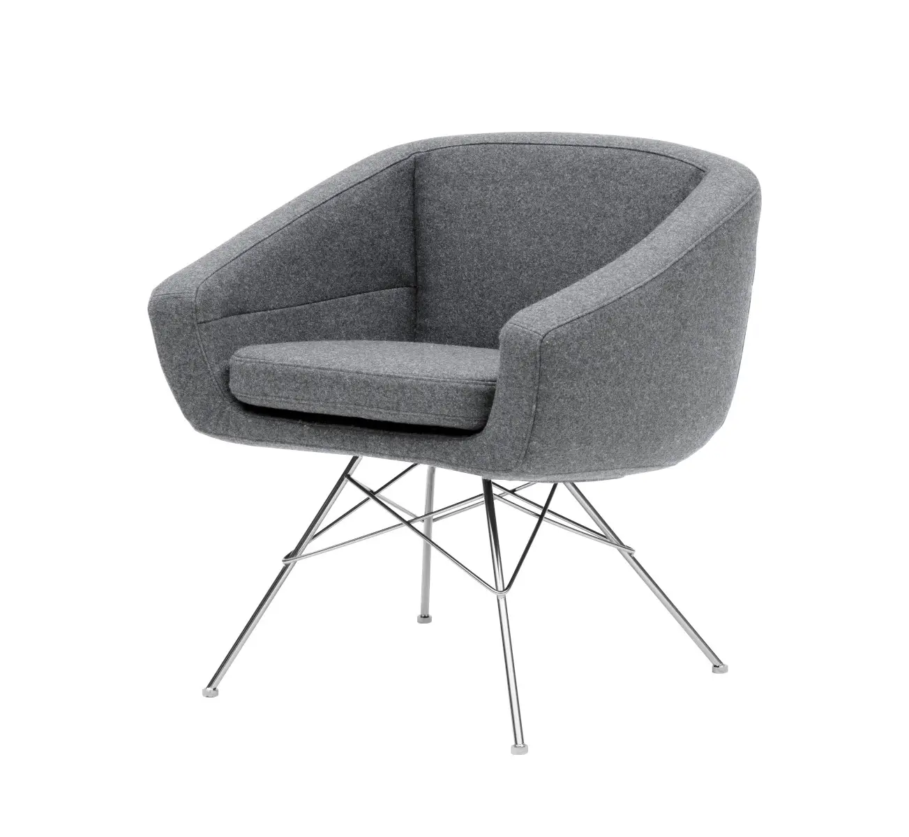 Softline Aiko Sessel in Grau aus seitlicher Perspektive mit gepolsterter Sitzschale, separatem Sitzkissen und filigranem Metallgestell.