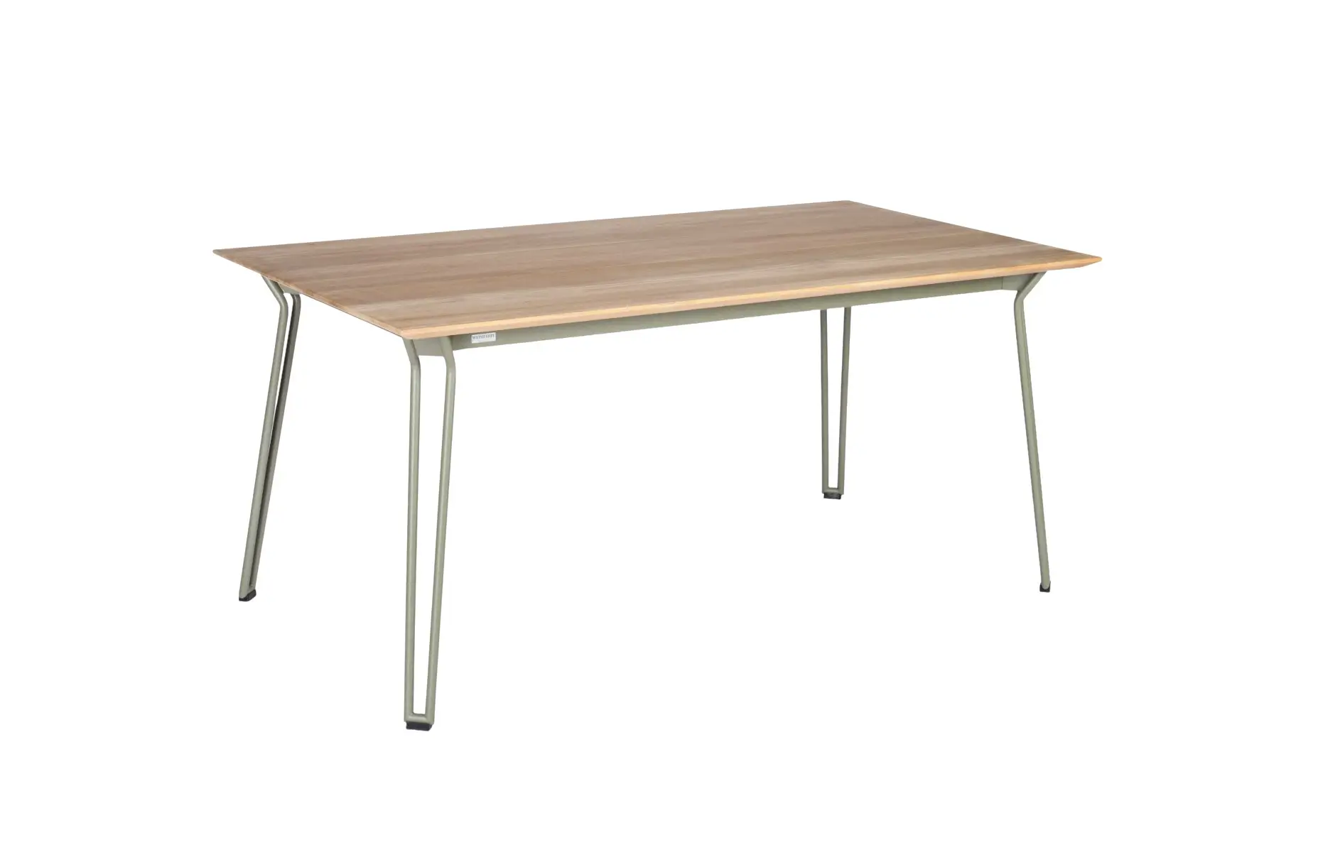 Weishäupl Slope Tisch 165 x 90 cm mit perlgrünem Gestell und massiver Teakholzplatte. Hochwertiger Outdoor-Esstisch für Garten, Terrasse und Balkon.
