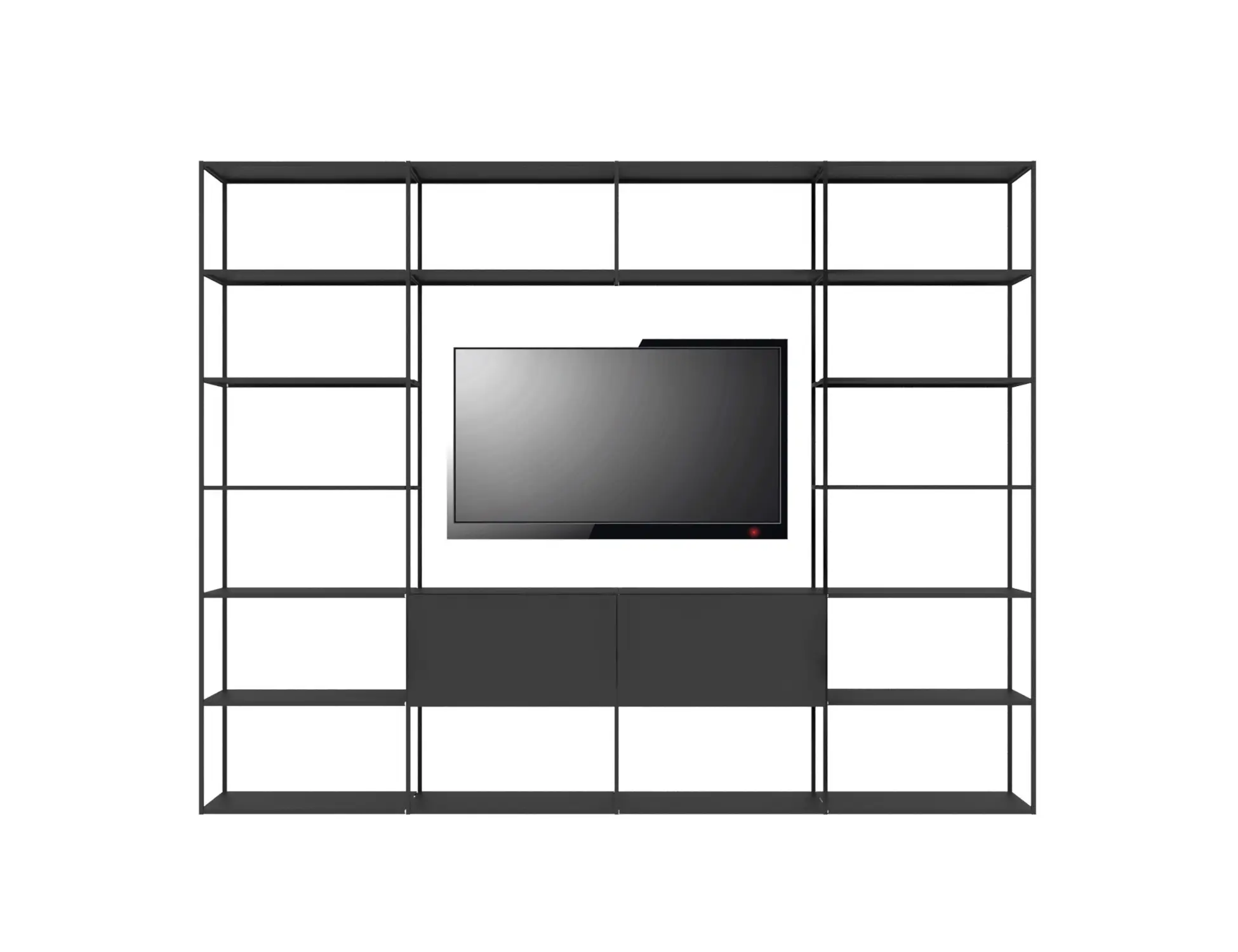 Großes Zeus Easy Irony TV Bücherregal mit Klapptüren und offenen Regalfächern in kupferschwarz.