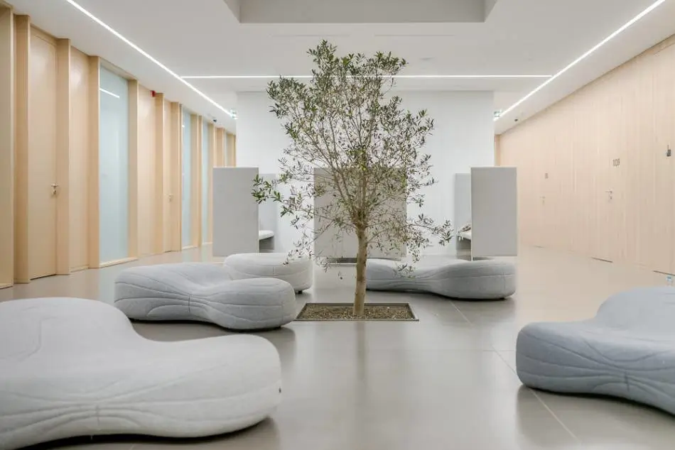 Mehrere graue Noti Bouli Sofa 2-Sitzer mit Fußgleitern in einem modernen Objektbereich