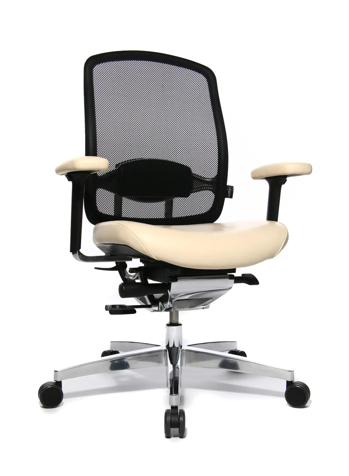 Wagner AluMedic Limited Bürostuhl mit schwarzer Netzrückenlehne, cremefarbenem Lederbezug, ergonomischer Lordosenstütze und Aluminium-Fußkreuz in Schrägansicht von vorne.