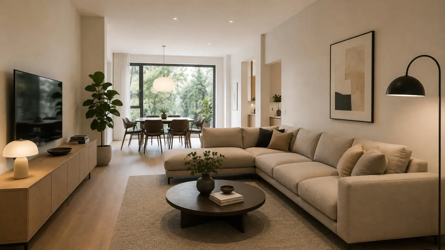 L-förmiges Wohnzimmer mit Sofa an der langen Wand und integriertem Essbereich