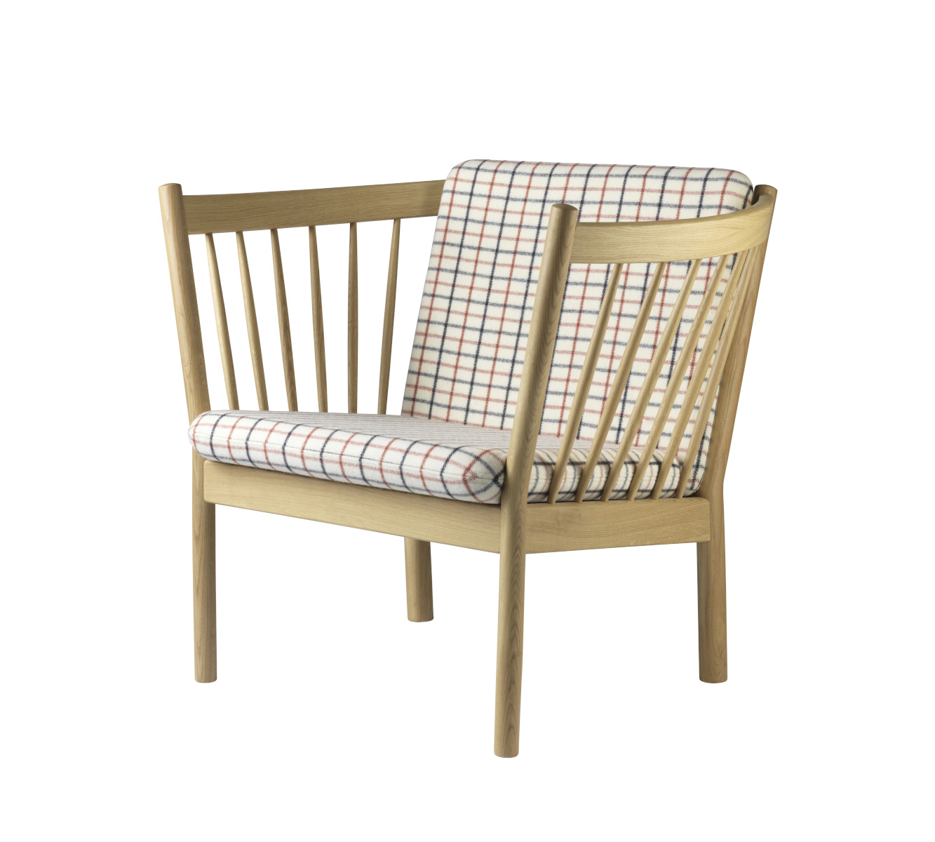 FDB Møbler J146 Sessel, nordischer Design-Sessel, ergonomisch, Eiche natur, rotkarierte Pferdedecke, langlebig