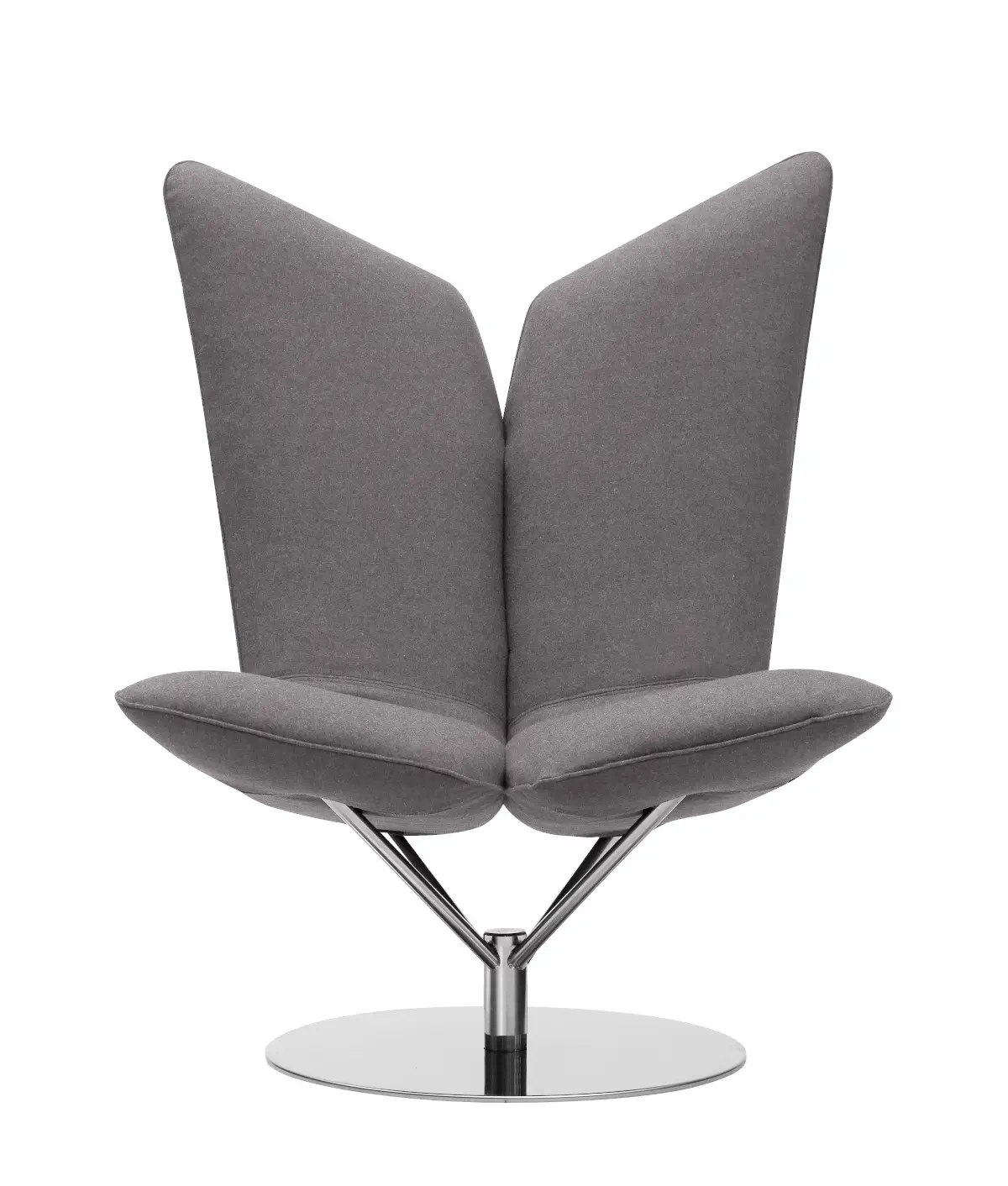 Softline Angel Drehsessel in Grau in frontaler Ansicht mit markanter zweigeteilter hoher Rückenlehne, gepolsterter Sitzfläche und rundem Metallfuß.