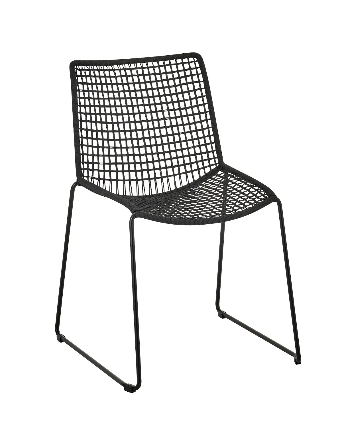 Weishäupl Slope Stuhl in Schwarz mit wetterfestem Kordelgeflecht und filigranem Stahlgestell für Garten, Terrasse und Objektbereich.