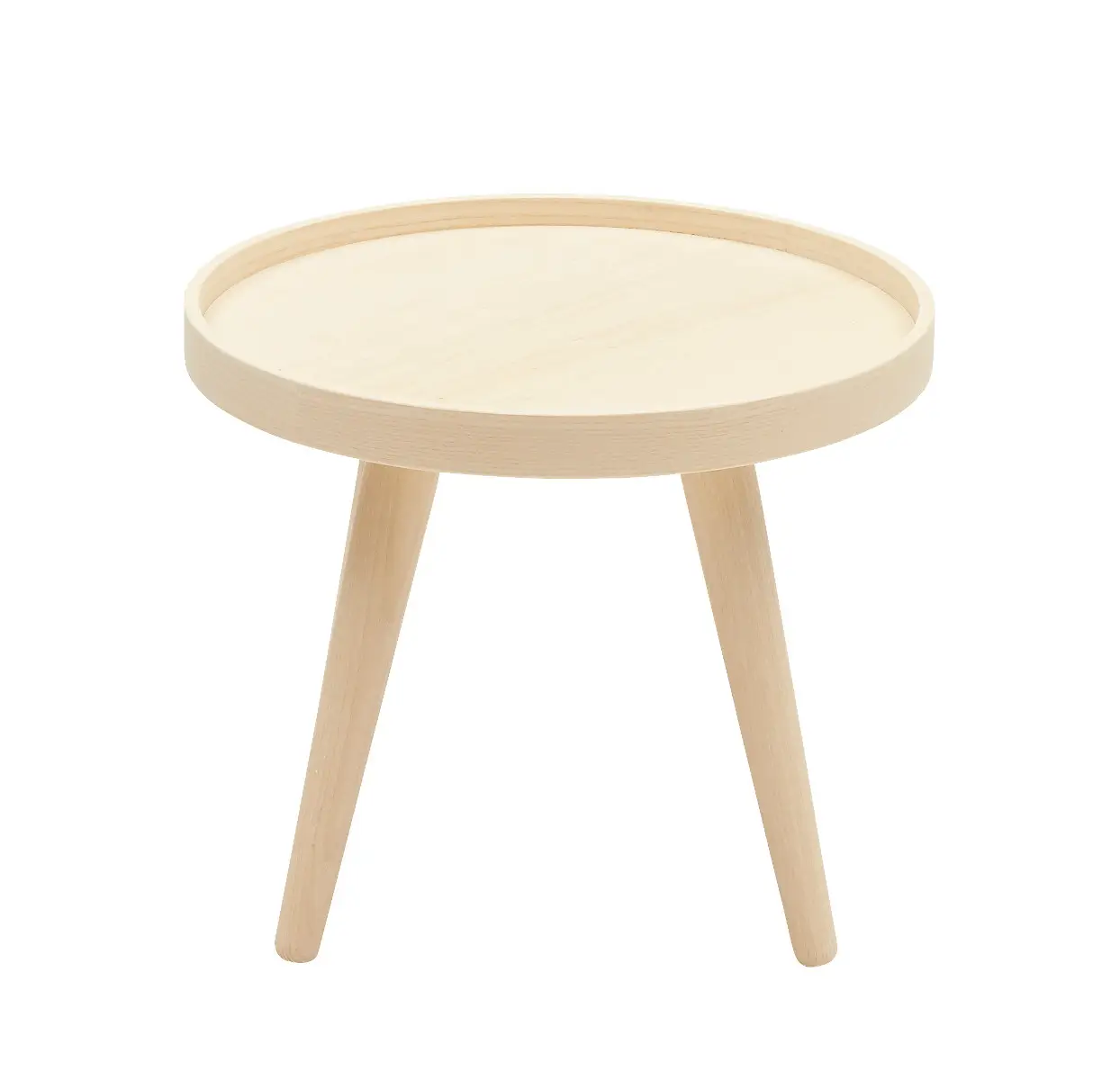 Softline Alma Beistelltisch Small in Esche Natur mit sichtbarer heller Holzmaserung, runder Tischplatte mit erhöhtem Rand und drei schräg ausgestellten Beinen.